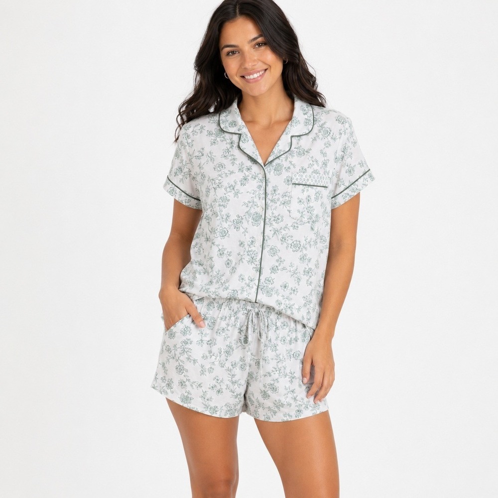 Laura Ashley Set Green Floral Bird Pajama 3 Pc Pants Set Short Sleeve Shorts S